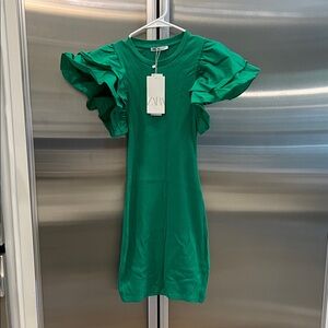 Zara Green Ruffle Sleeve Midi Dress